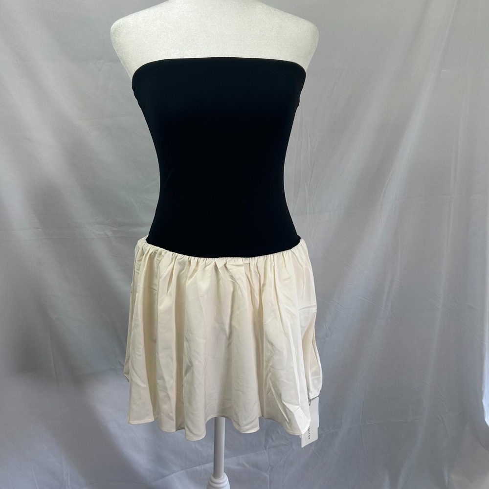 Commense Patchwork Bustier Backless Short Dress‎ Womens XS Black Beige Stretch
